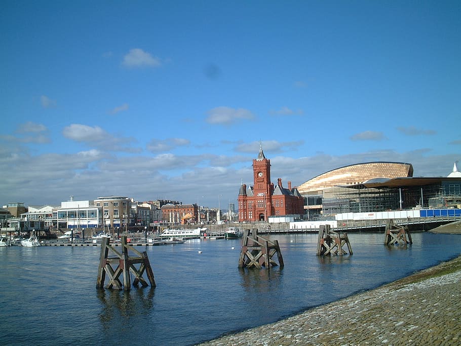 Cityscape of Cardiff with landmarks and waterfront